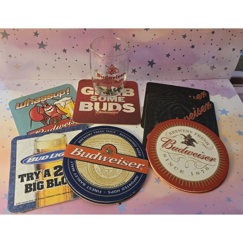 Budweiser Beer Short Glass & 10 Cardboard Coasters 2-Sided Vintage Anheuser Lot